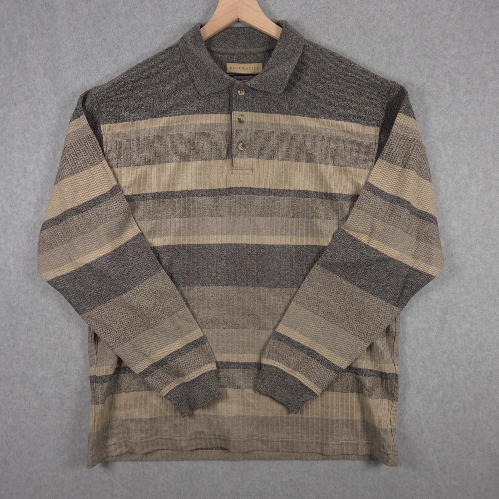 Naturalife Mens Size Large 100% Cotton Brown Colorblock Long Sleeve Polo Shirt